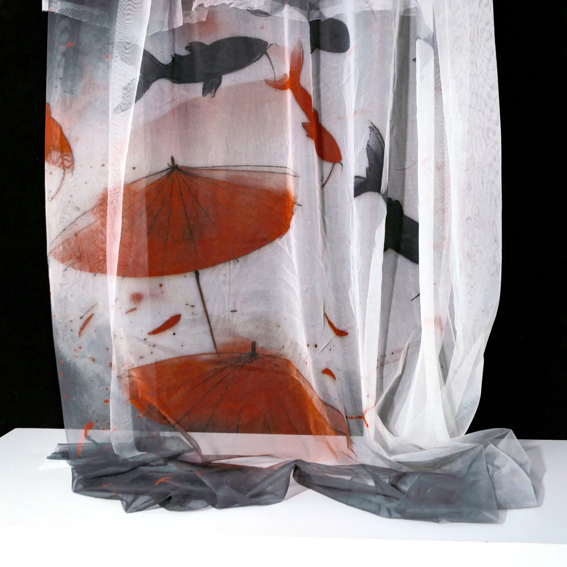 中水墨游鱼锦鲤红鲤网纱网红拍照布景手做道具背景布料