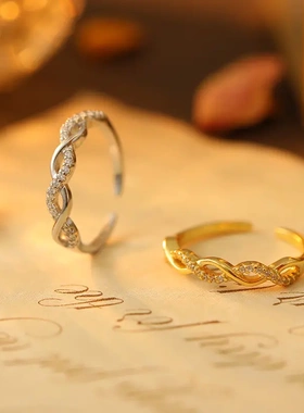 s925银编织麻花锆石戒指女个性开口冷淡风新款潮食指环指戒