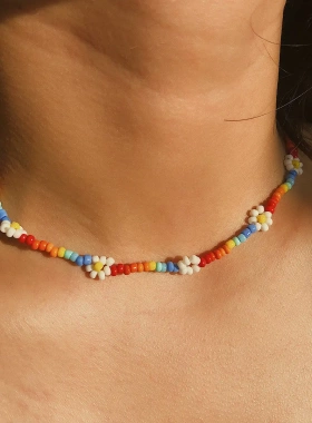 波西米亚度假风彩色米珠串珠项链女 欧美小雏菊花朵锁骨项饰