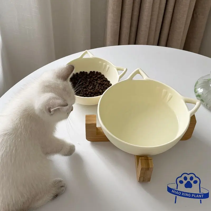大号猫碗陶瓷木架加高保护颈椎水饭盆猫粮碗猫食盆防打翻大口径