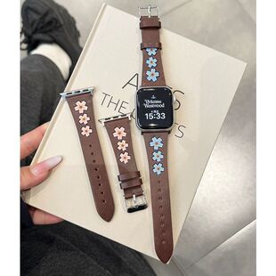 适用VIVOWatchgt设计感樱花刺绣皮质5代手表带iQOOwatch5真皮女生