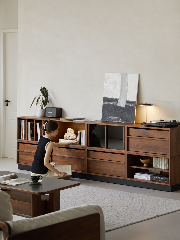 连续书写家具黑胡桃组合柜实木一体式多功能自由模组储物柜立式、