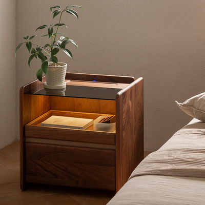 续写家俱北欧实木床头柜智能无线 线充电原木黑胡桃木置物收纳柜