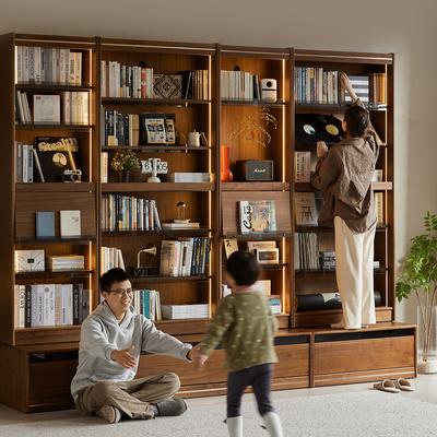 续写家俱书柜黑胡桃木一体整墙客厅落地卡座组合实木满墙书柜和序
