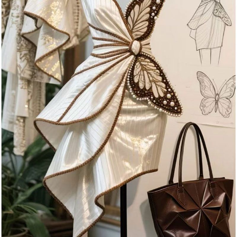 醋酸缎高定礼蝴蝶造型连衣裙