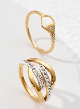 时尚情侣不锈钢饰品 桃心微镶钻精美个性异形镂空钛钢戒指