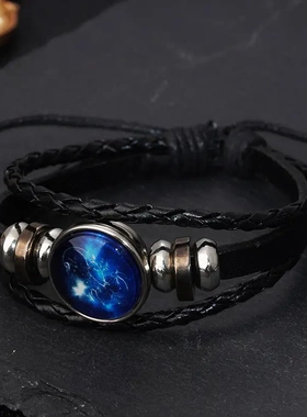 速卖通十二星座编织皮革手链欧美饰品手工串珠手环欧美夜光情侣