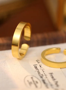 s925银古法传承情侣戒指经典素圈简约光面开口男女对戒指环