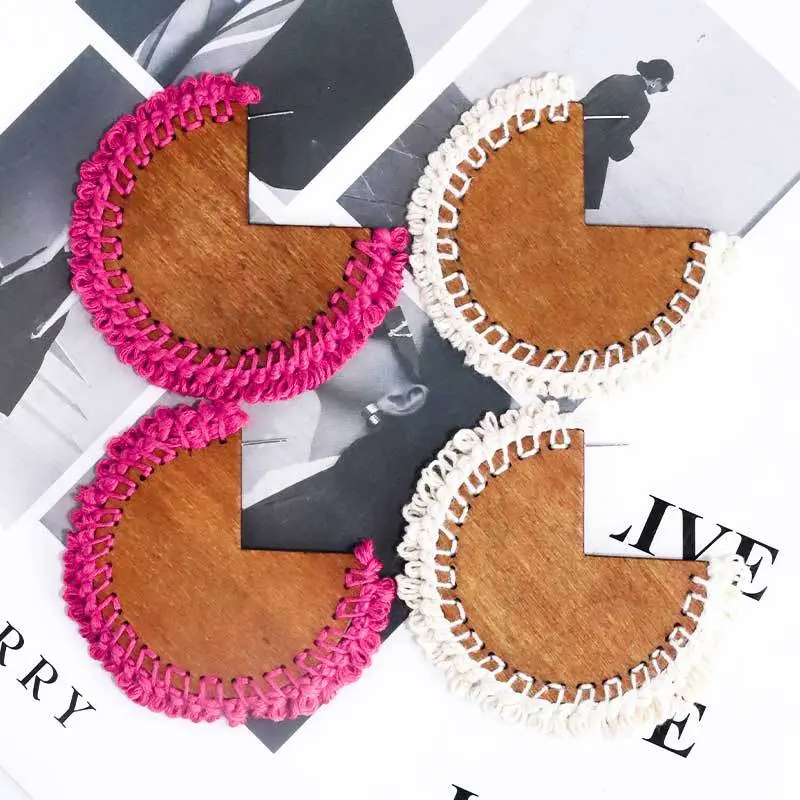 2023新款夏季民族感波西米亚风耳环 欧美复古创意扇形棉线编织