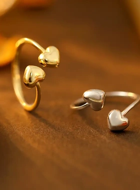 s925银简约双桃心开口戒指女小众ins风韩版韩式爱心食指环