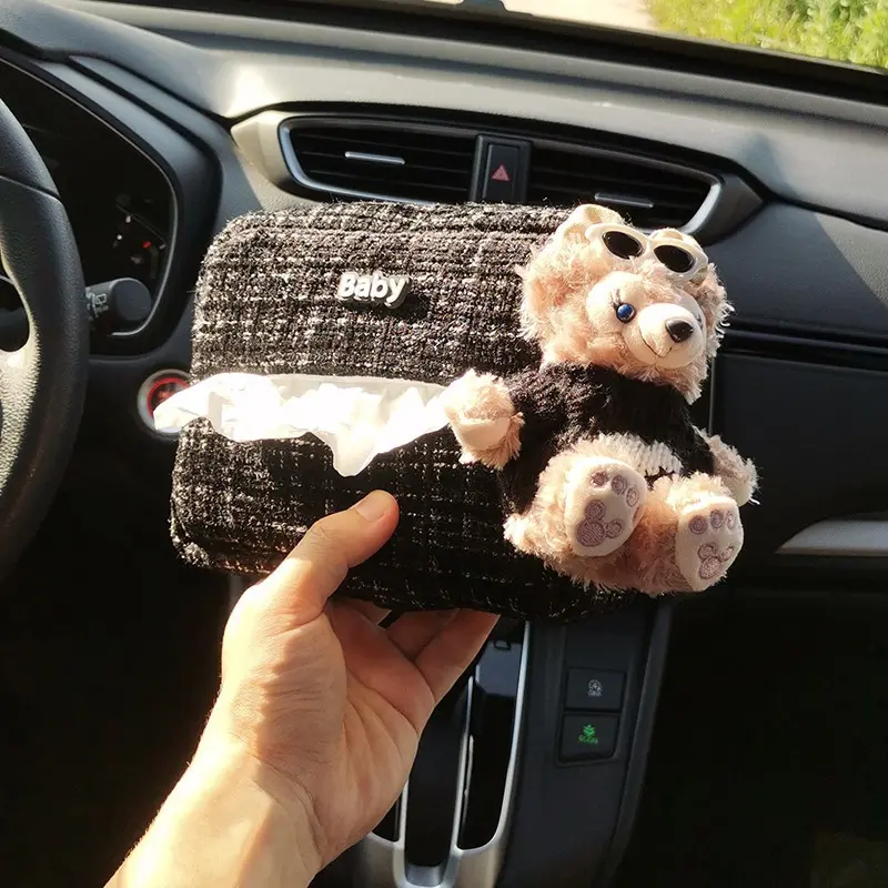 车载纸巾盒汽车扶手箱抽纸盒套挂式车用车内可爱卡通达菲熊装饰品
