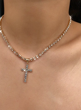 欧美饰品 简约爪链钻单层项饰女 气质镶满钻十字架吊坠项链