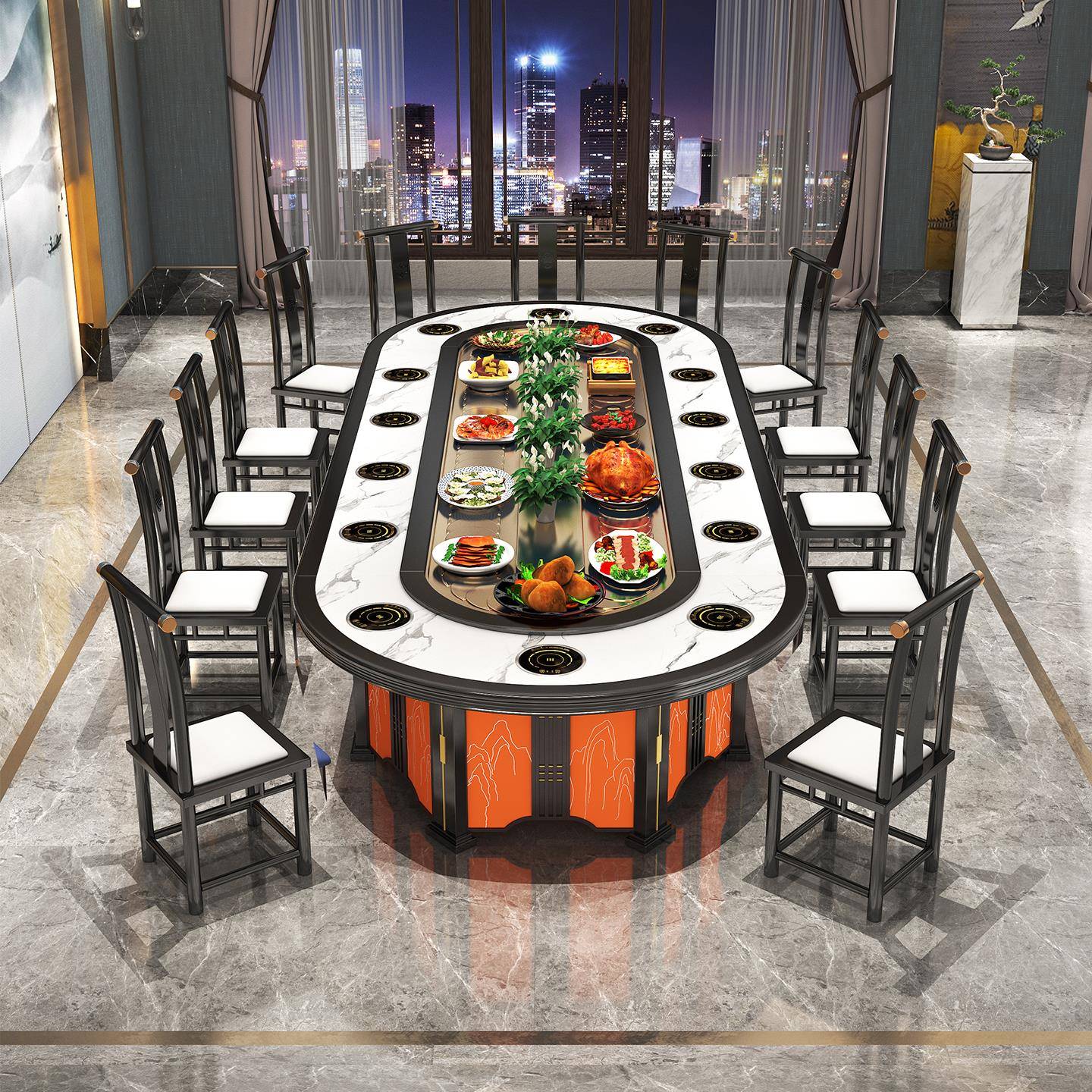 清新橙新中式椭圆形电动餐桌酒店长方形包间岩板20人电磁炉火锅桌