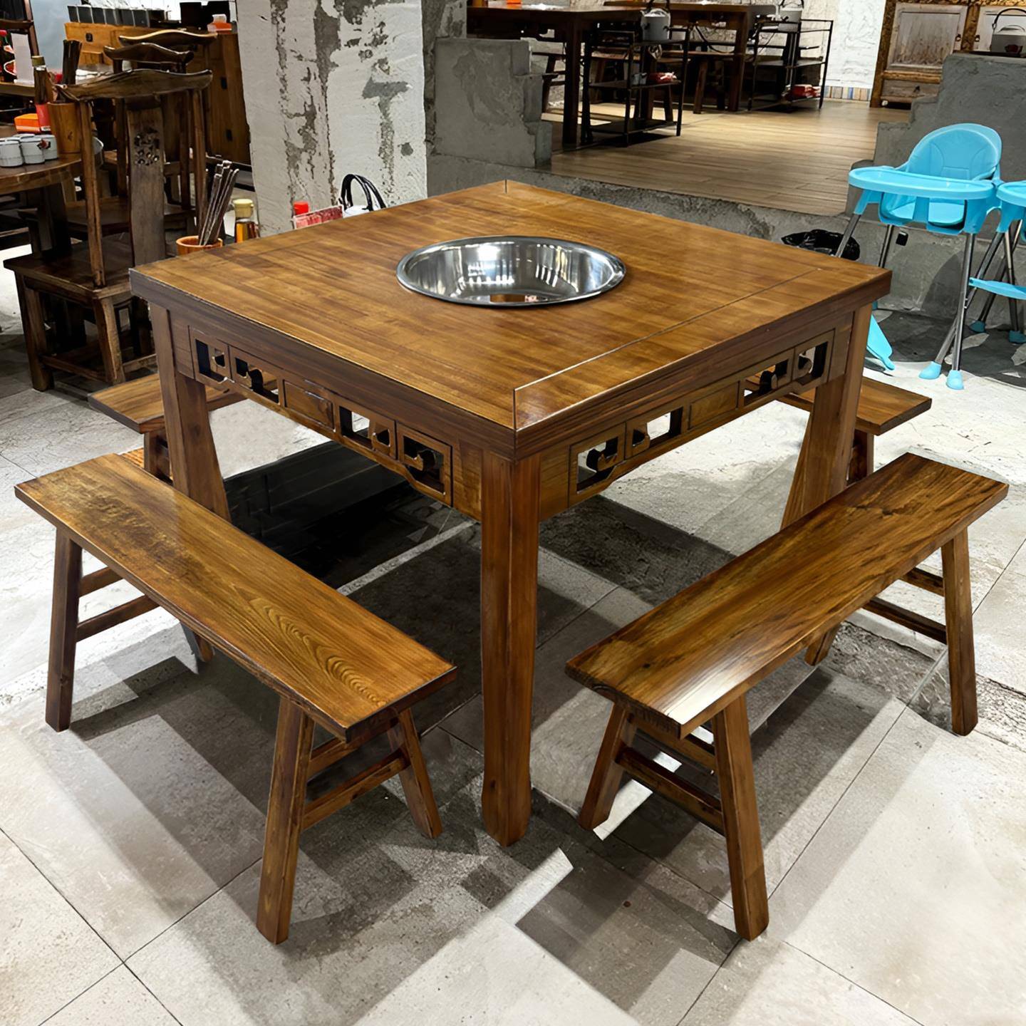 厂家直销实木大理石电磁炉一体火锅桌椅商用燃气火锅店桌子定制