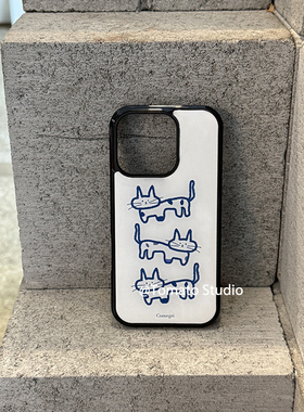 韩国ins可爱蓝色猫咪欧尼同款苹果17promax保护套iPhone17/16/15/14/13/12全包边11手机壳Xsmax黑新16e