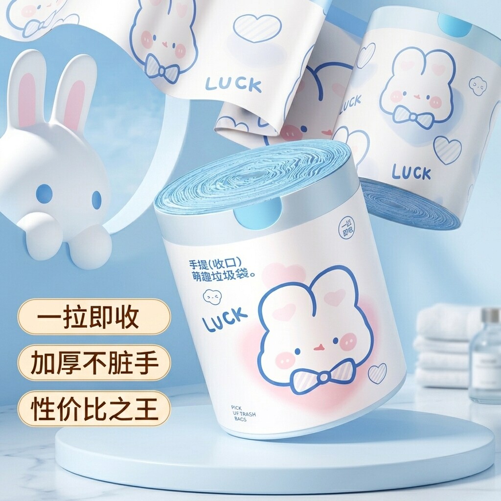抽绳式垃圾袋家用客厅厨房可爱卡通蓝心兔印花加厚手提式垃圾袋子