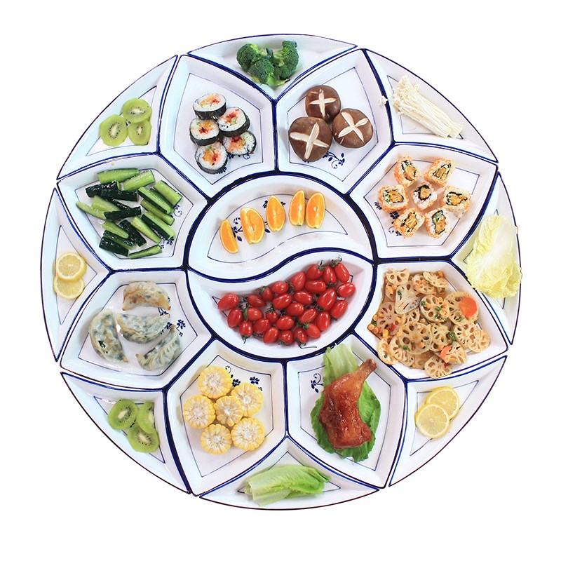 网红创意国风陶瓷拼盘餐具组合套装家用16件青花瓷U圆桌盘碗碟家