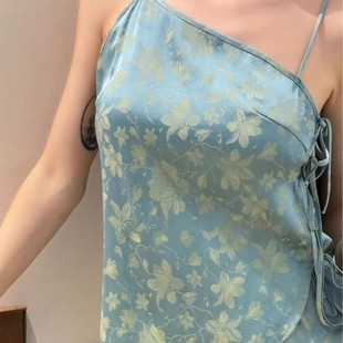 新中式 国风复古碎花吊带睡衣女夏2025新款 缎面上衣长裤 家居服套装