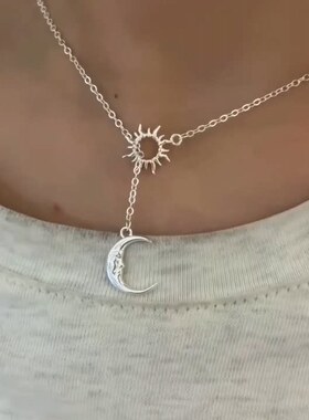 S925纯银人脸弯月太阳浮雕项链女