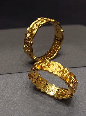 S925纯银复古金色浮雕花环戒指女