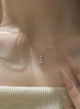 S925纯银粉色水滴吊坠项链女