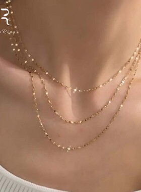 S925纯银复古金色多层亮片项链女
