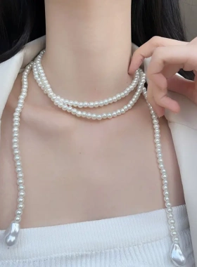 欧美轻奢风时尚多层珍珠项链女韩版简约长款装饰毛衣链配饰品