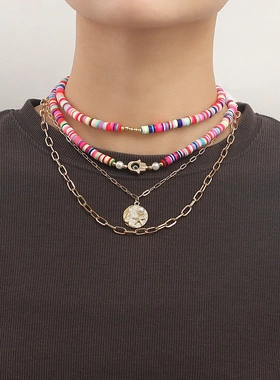 欧美饰品 夏季波西米亚多层彩色软陶项链女 百搭项饰