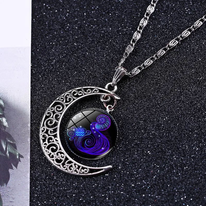星座月亮时光宝石项链欧美热卖ebay速卖通梦幻夜光吊坠玻璃
