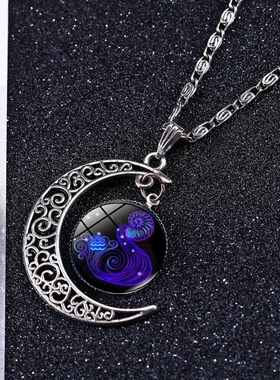 星座月亮时光宝石项链欧美热卖ebay速卖通梦幻夜光吊坠玻璃