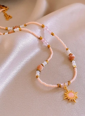 真金电镀甜美粉色几何形太阳花项链气质心锁骨链轻奢项饰