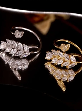 s925银高级感镶钻麦穗戒指女开口可调节树叶食指环轻奢气质