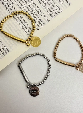 不掉色字母圆珠圆牌钛钢手链女欧美时尚小众设计轻奢高级感手饰品