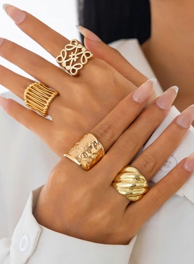 欧美饰品 叠戴风不规则合金戒指 交叉线型镂空开口ring套装
