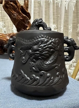 潮州紫砂茶叶罐轻奢浮雕龙纹紫砂罐手工复古醒茶罐普洱密封罐