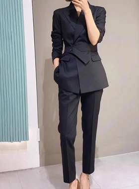 xz126-大码女装职场面试通勤风黑色收腰长袖胖mm职业小西装外套