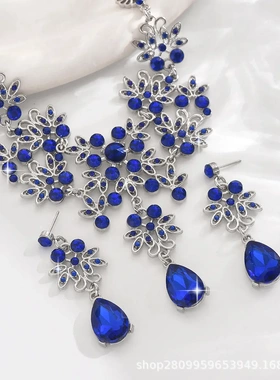 工厂货源合金珠宝套装饰品花朵水滴形宝蓝色锁骨项链耳环