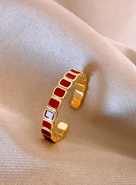 拉红方形开口戒指小众简约复古食指戒通勤网红轻奢手饰女