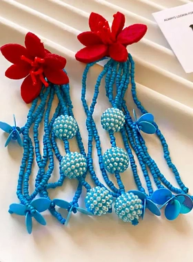 民族风蓝色米珠花朵耳环女超仙度假旅游纯银耳钉长款流苏夸张耳饰