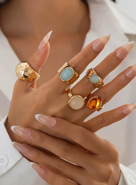 欧美饰品 时尚感镶嵌亚克力戒指 轻奢风不规则合金ring新品