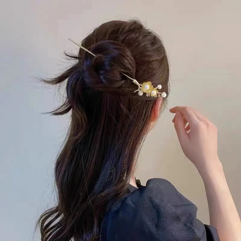 傲骨珍珠腊梅发簪女气质新中式后脑勺盘发器簪子发钗头饰发饰