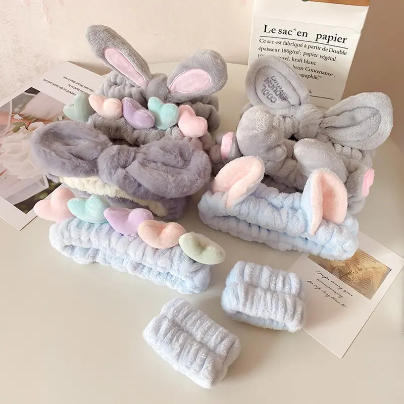 新款毛绒爱心耳朵发箍女洗脸头箍防湿水护腕带洗漱束发带套装头饰