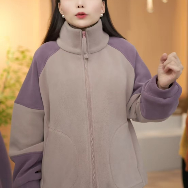2025年秋冬新款韩版宽松休闲百搭立领拉链拼色奥粒绒外套上衣女潮