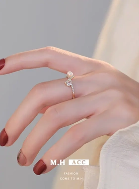 韩版新款轻奢珍珠戒指女不掉色开口指环高级感ins时尚通勤食指戒