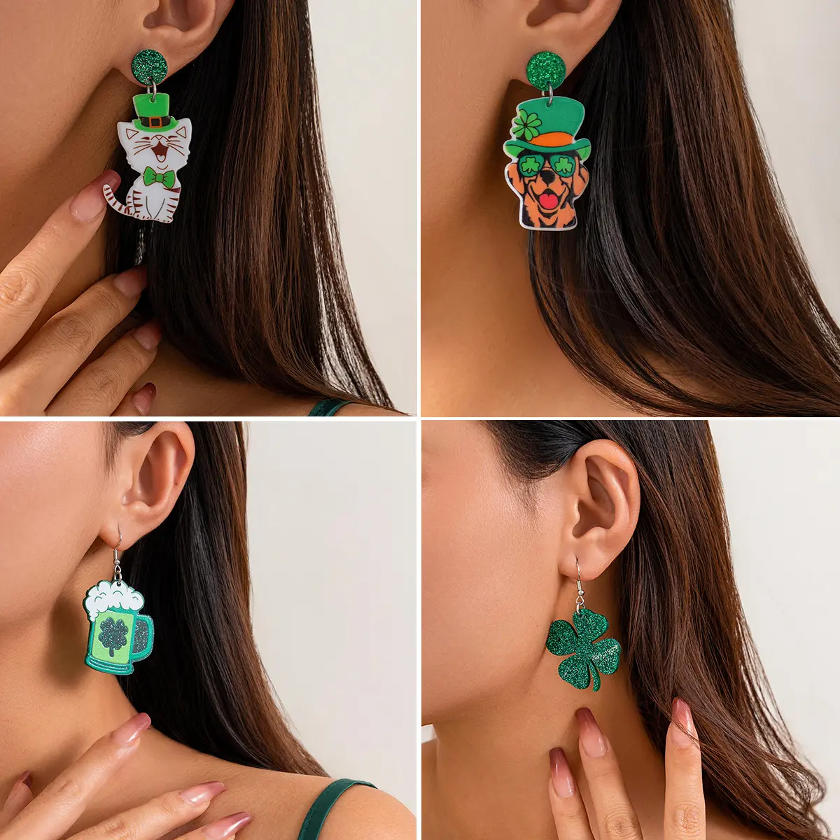 欧美绿色啤酒节字母耳钉女个性复古绿微镶水钻earrings