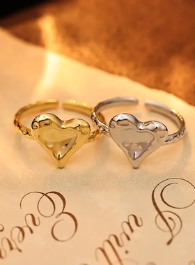 s925银不规则锤纹理爱心戒指女时尚开口指戒韩版小众饰品潮