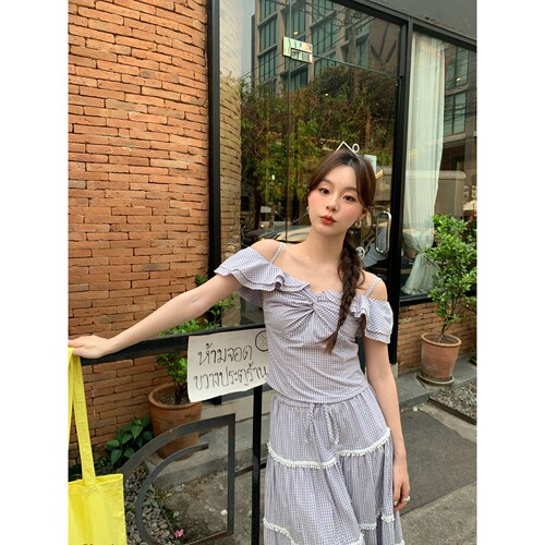 诠释美 NEWOPEN 25年夏法式甜美减龄扭结格子吊带抹胸上衣女S5233