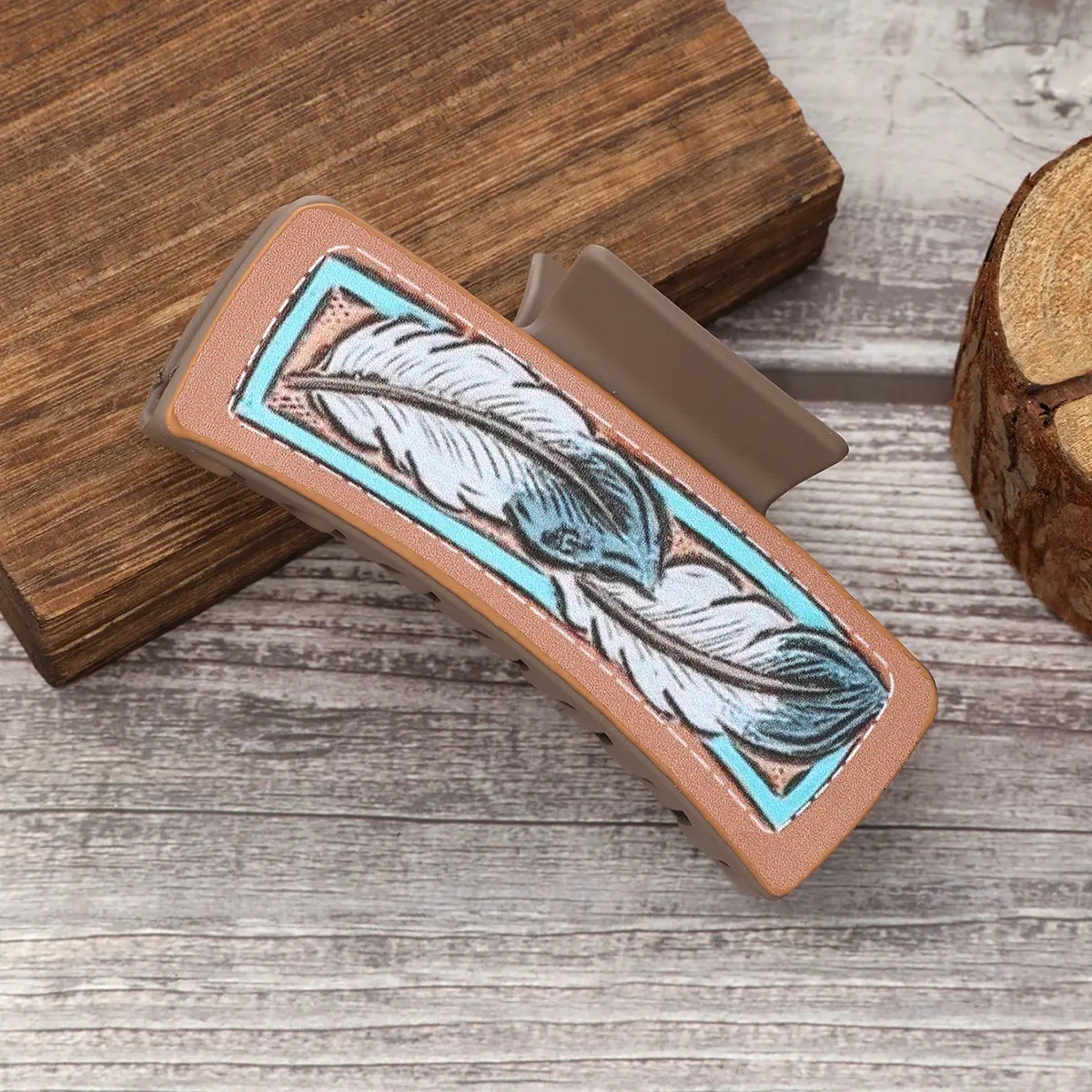 西部风仙人掌羽毛花朵图案印刷夹发夹女士抓夹速卖通亚马