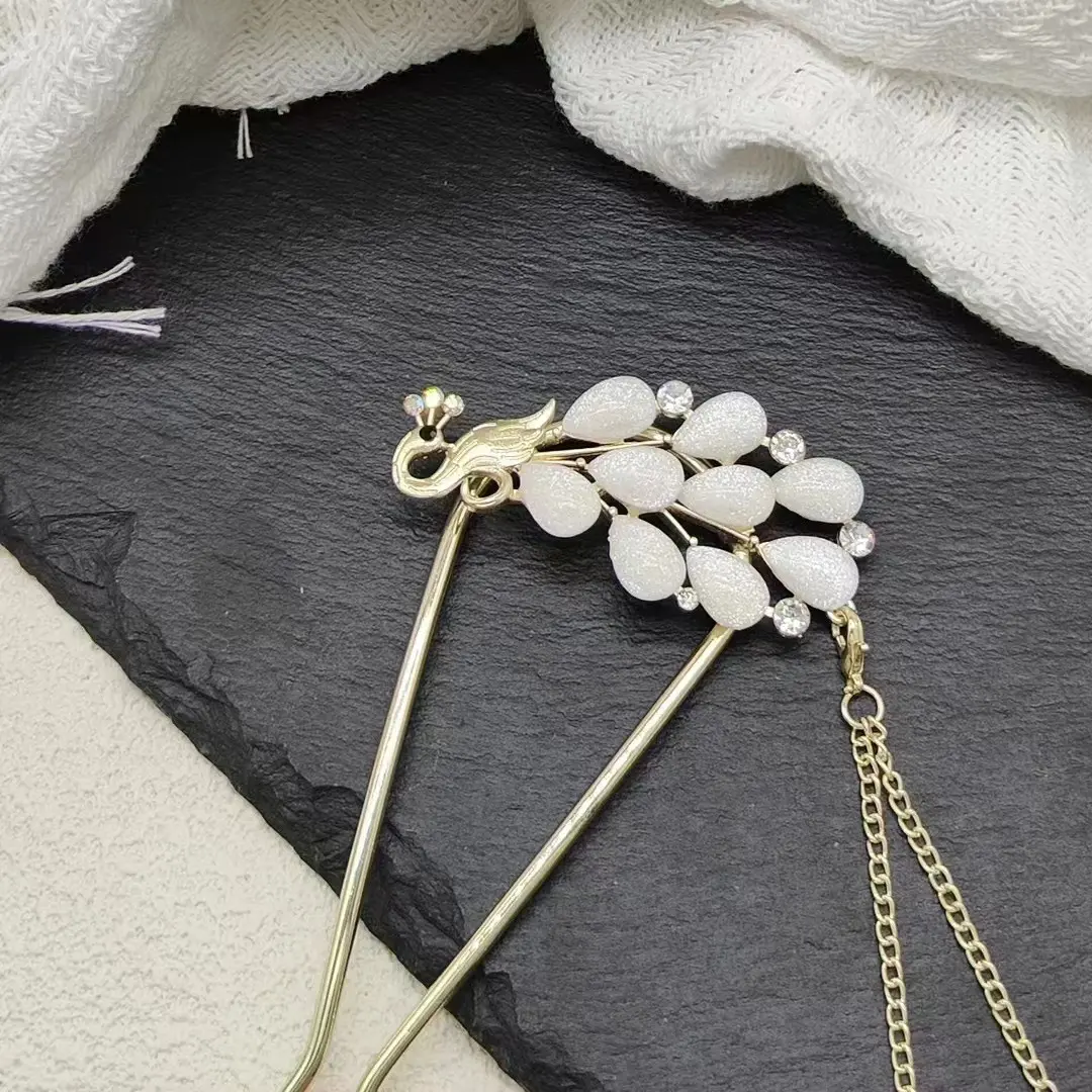 高级感孔雀珍珠流苏发簪新中式步摇古风簪子汉服盘发发饰发钗