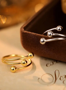 s925银线条圆珠戒指女冷淡风个性食指指戒开口可调节手饰潮